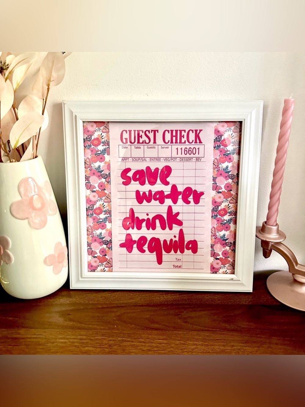Save Water, Drink Tequila Wall Art Cocktail Poster Canvas Print Framed Pink